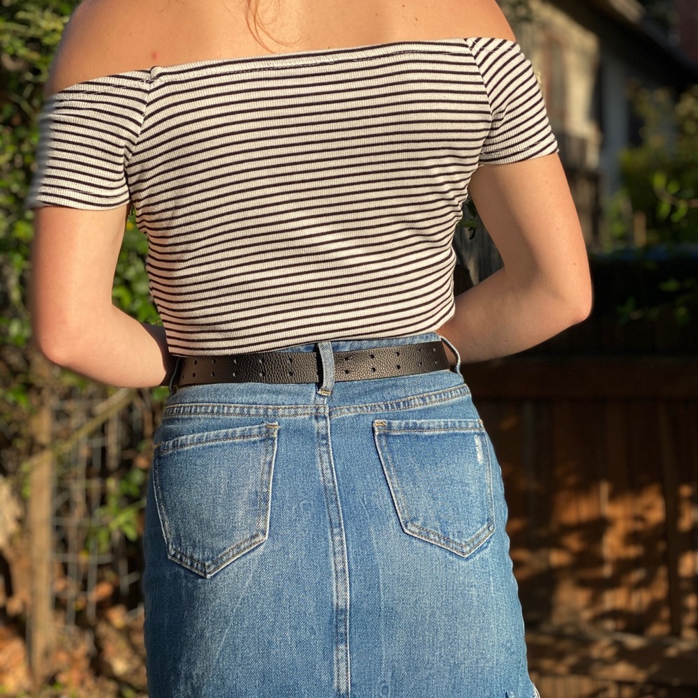 white and black stripped off the shoulder crop top